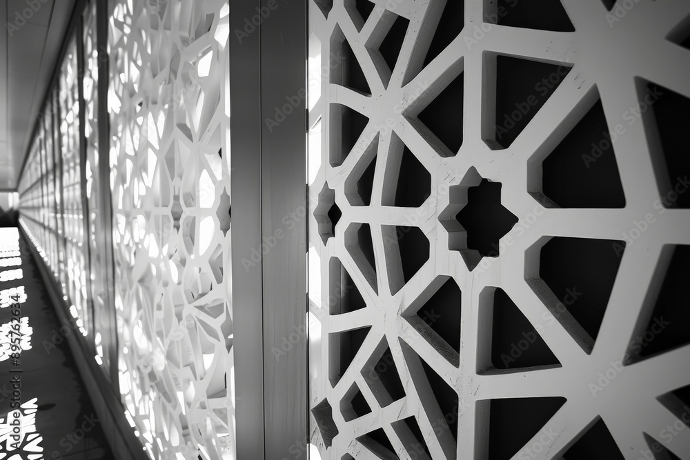 Obraz premium Image of walls with intricate geometric patterns casting shadows, showcasing a detailed design inspired by traditional ornamentation, emphasizing light and structure.