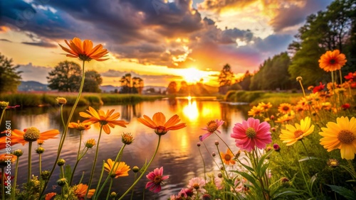 Wallpaper Mural Vibrant flowers swaying gently in serene landscape bathed in warm golden light of dusk, exuding peaceful atmosphere and tranquility. Torontodigital.ca