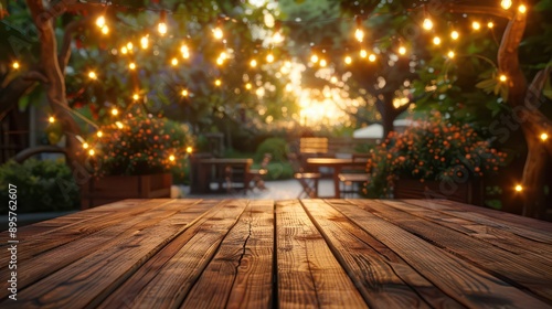 A serene outdoor space adorned with glowing lights, perfect for gatherings and relaxation amid nature's beauty.