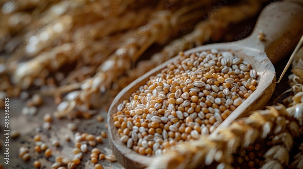 Scoop of Wheat Grains on Wooden Surface Scoop of Wheat Grains on Wooden Surface