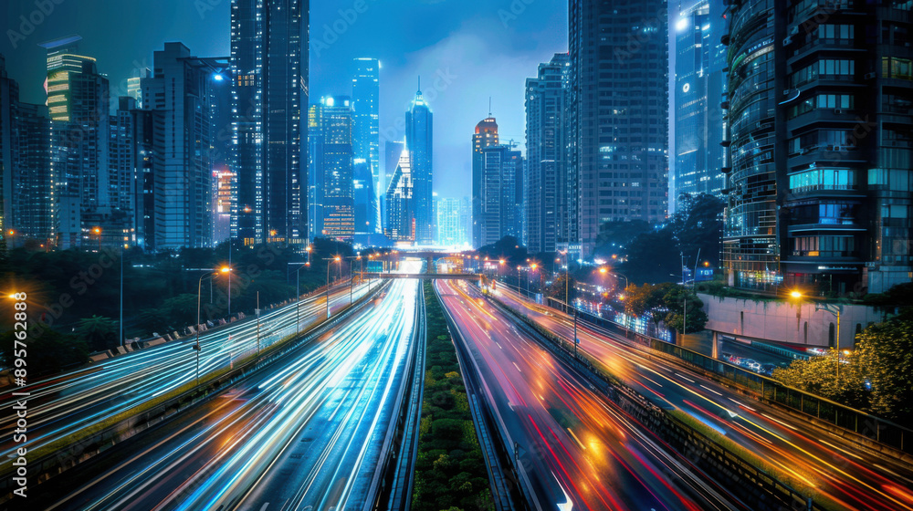 Obraz premium Vibrant cityscape at night with streaks of light from fast-moving traffic, highlighting the urban energy and modern architecture.