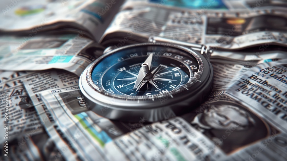 high-definition, close-up image of a sleek, digital compass surrounded by financial newspapers and market reports, guiding investment decisions high-definition, close-up image of a sleek, digital compass surrounded by financial newspapers and market reports, guiding investment decisions