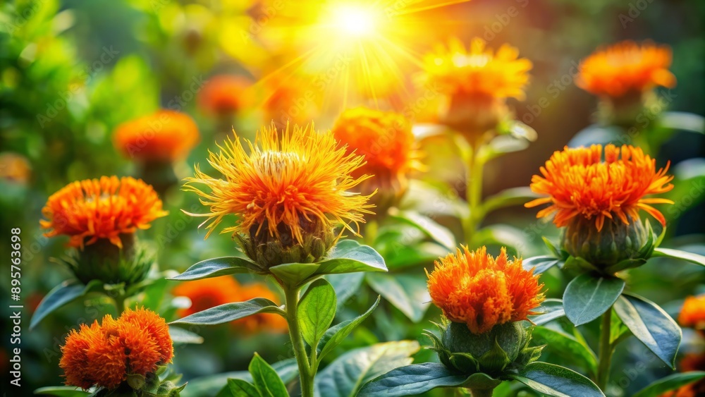 Vibrant orange safflower blooms sway gently in the serene garden, surrounded by lush green foliage and warm sunlight filtering through. Vibrant orange safflower blooms sway gently in the serene garden, surrounded by lush green foliage and warm sunlight filtering through.