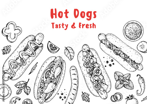 Hot dogs frame. Fast food vector illustration. Hot dog sketch. Hand drawn illustration. Hand drawing sketches