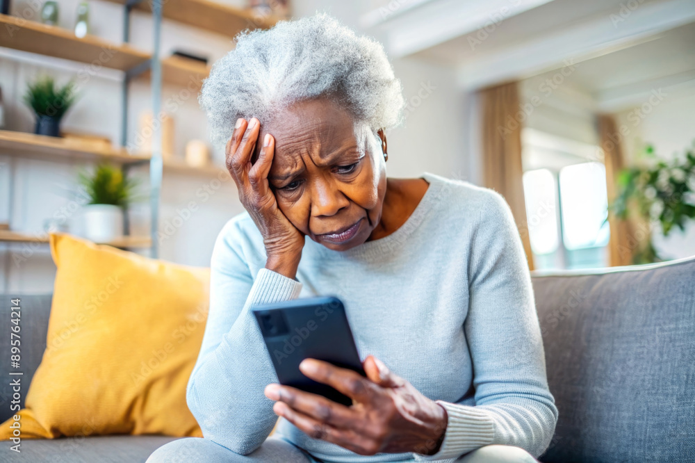 Nervous confused elderly senior afro woman stressed worried with smartphone. Frustrated black granny having problem with paying, buying online and payments. Internet fraud or scams