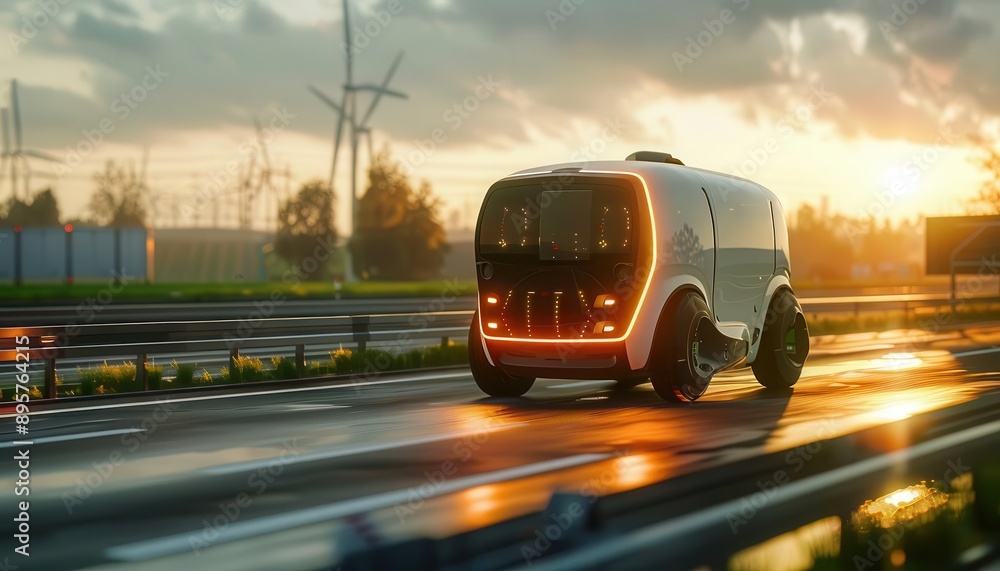 An autonomous vehicle traveling on a smart highway with sensors, set against a backdrop of agricultural fields An autonomous vehicle traveling on a smart highway with sensors, set against a backdrop of agricultural fields
