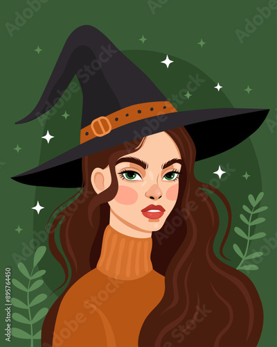 Portrait of a young girl wearing a black witch hat and an orange sweater. Witch, sorceress. Halloween, samhain. Green background. Brunette with green eyes. Cartoon vector illustration. 