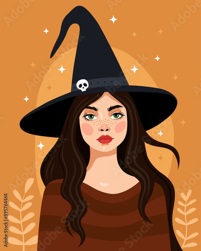 Portrait of a young girl wearing a black witch hat and a brown striped sweater. Witch, sorceress. Cartoon vector illustration. Halloween, samhain. Orange background. Brunette with green eyes.