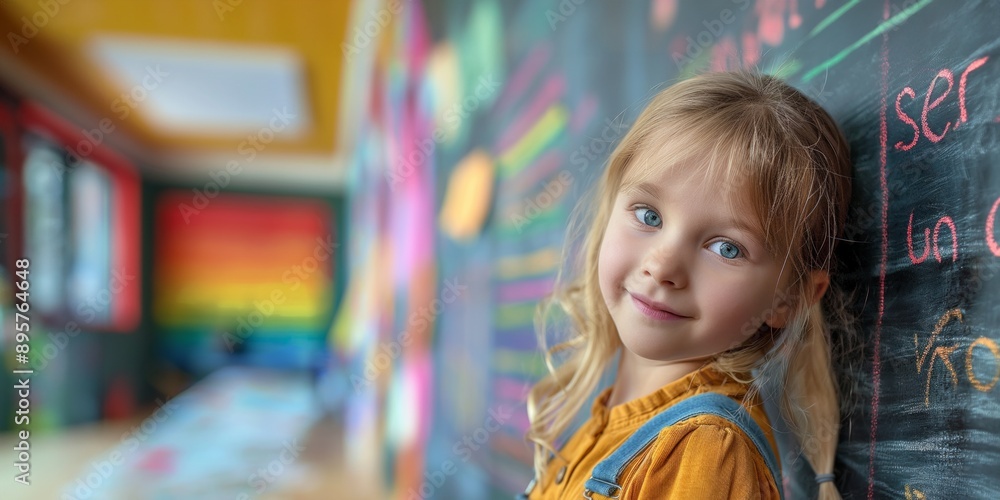 Young girl smiling in a colorful classroom, leaning on a blackboard with vibrant chalk writing. Young girl smiling in a colorful classroom, leaning on a blackboard with vibrant chalk writing.