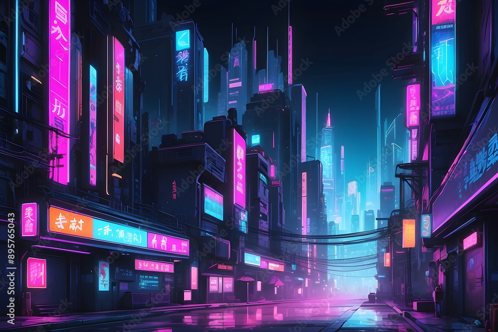 Captivating nighttime cyberpunk city environment with vibrant neon signs and modern architecture Captivating nighttime cyberpunk city environment with vibrant neon signs and modern architecture