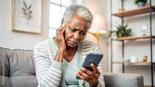 Nervous confused elderly senior afro woman stressed worried with smartphone. Frustrated black granny having problem with paying, buying online and payments. Internet fraud or scams  photo