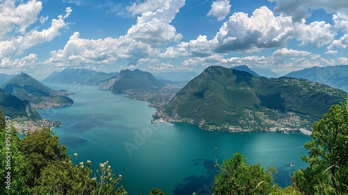 A panoramic view of Lake Lugano from Mount Bre, Switzerland, showcasing the serene lake, surrounding hills, and picturesque landscape.