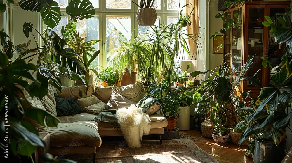 A living room filled with lots of green plants A living room filled with lots of green plants