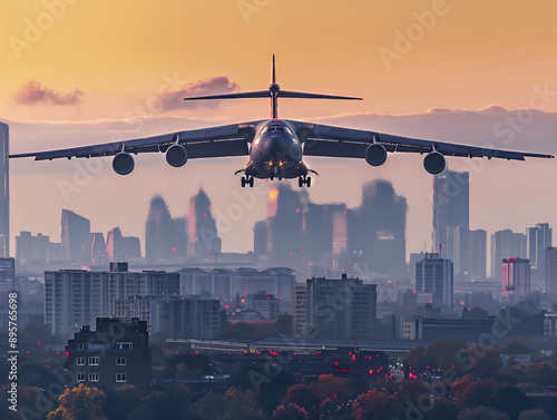 A large C 5 Galaxy aircraft is flying low over a city skyline during sunset, with buildings and skyscrapers silhouetted against the colorful sky The city lights are beginning to turn on photo