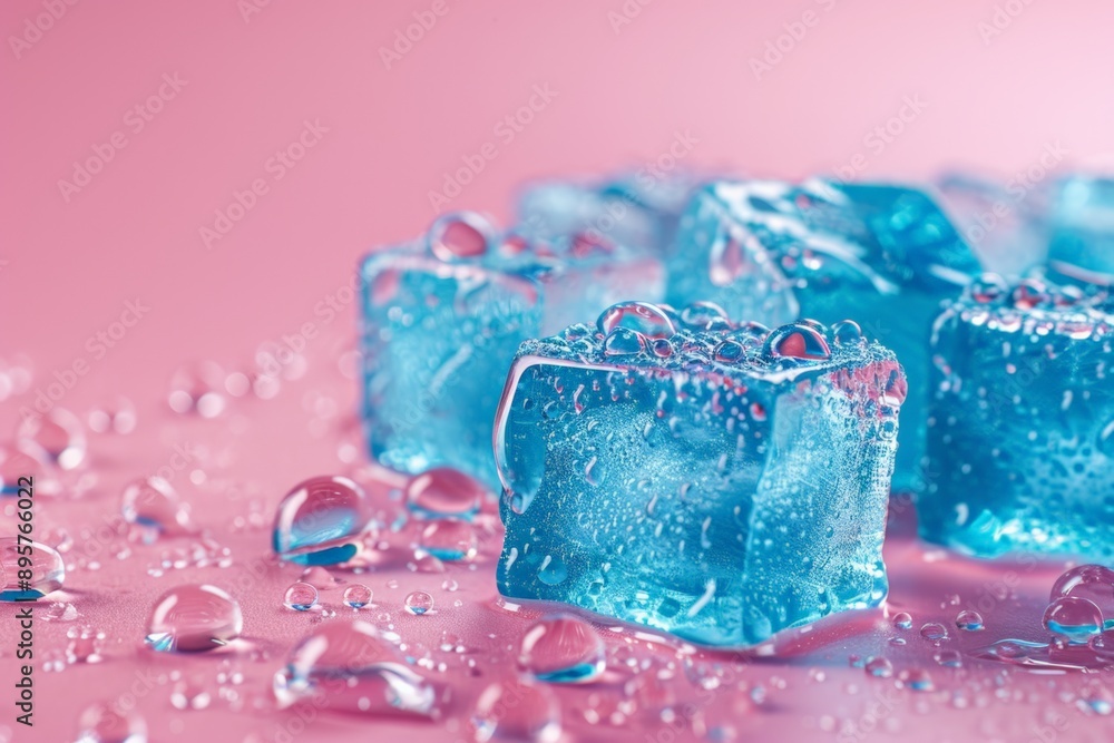 Close-up of blue ice cubes with water droplets on a vibrant pink background, creating a refreshing and colorful contrast.