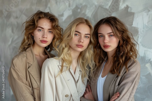 A group of confident and professional business women standing together, dressed in stylish office attire, showcasing strength and unity.