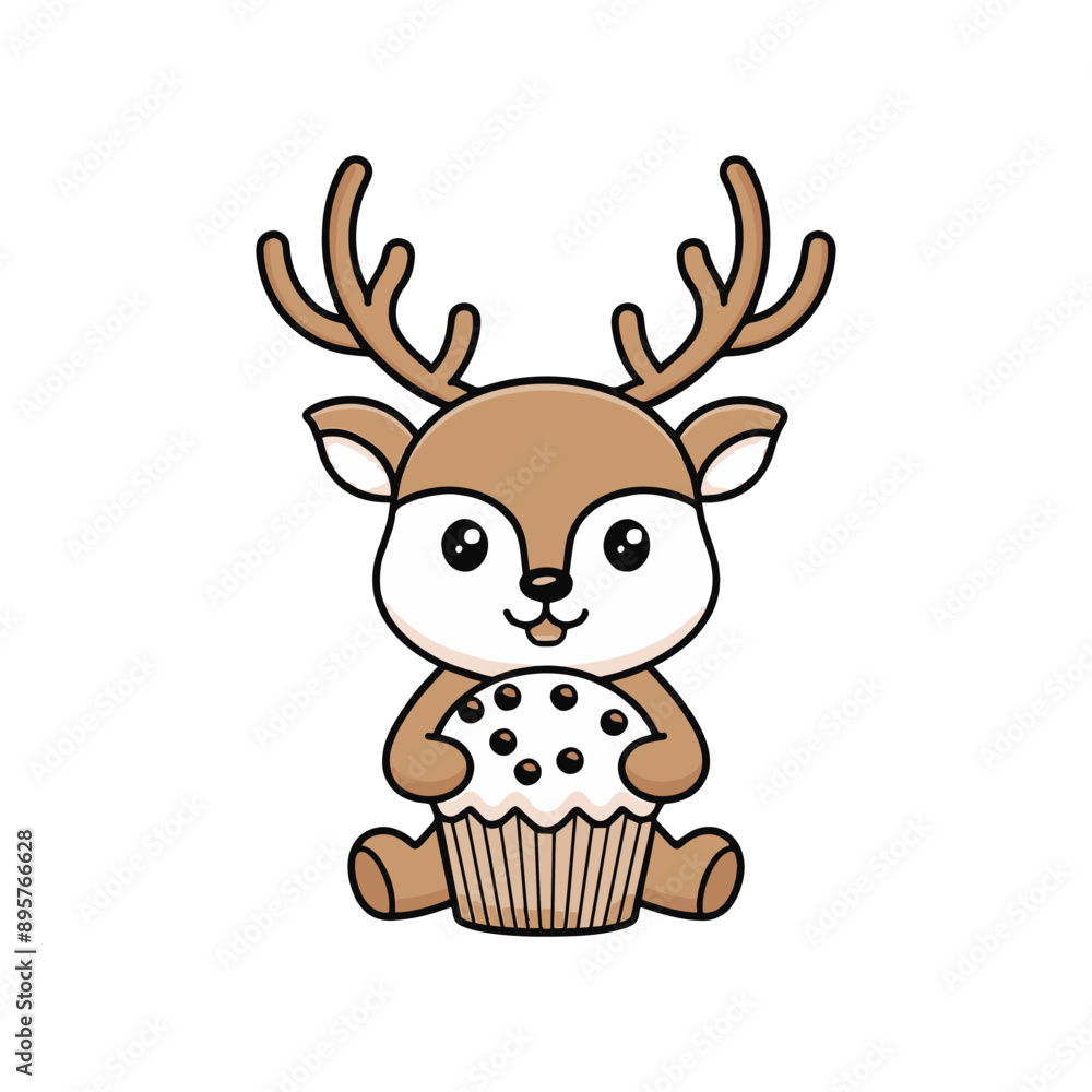Simple illustration of cute deer with a muffin with chocolate chips Simple illustration of cute deer with a muffin with chocolate chips