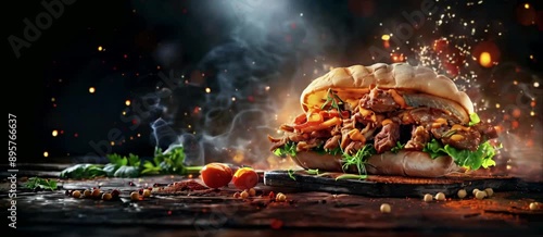 Grilled beef shawarma or chicken doner sandwich in a food banner.