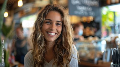Wallpaper Mural Young woman with long hair smiling brightly in a cozy, bustling coffee shop environment, exuding warmth and happiness. Torontodigital.ca