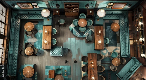 a restaurant interior with wooden tables and chairs.