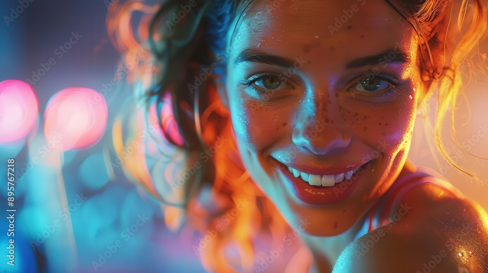 A vibrant, close-up portrait of a smiling woman with curly hair and freckles, illuminated by colorful lights.