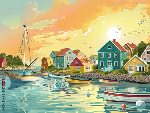 Wallpaper Mural Serene coastal village with colorful houses, fishing boats, golden lightVector illustrations Torontodigital.ca