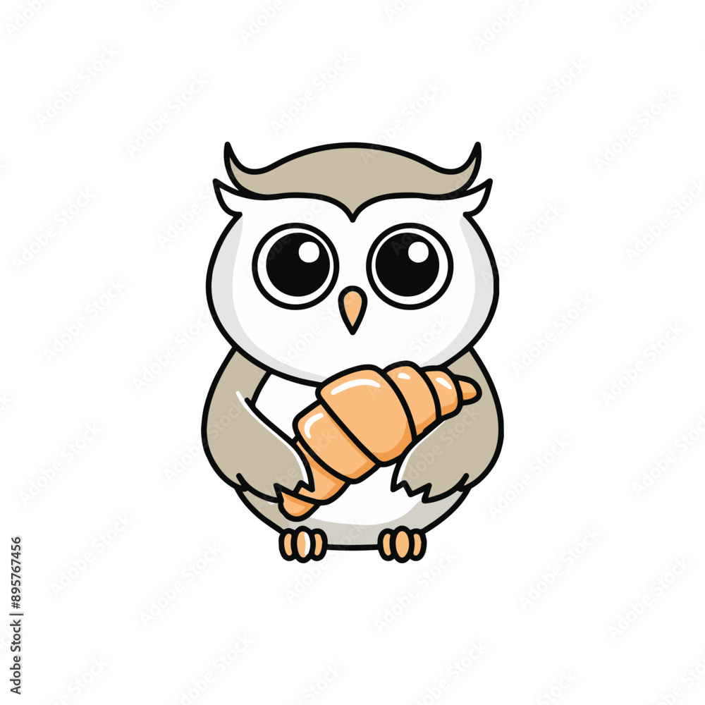 Simple illustration of cute owl holding a croissant Simple illustration of cute owl holding a croissant
