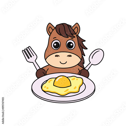 illustration of cute horse with an omelette with spoon and fork in plate