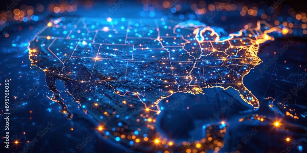 A digital map of the United States, showing illuminated cities and states A digital map of the United States, showing illuminated cities and states