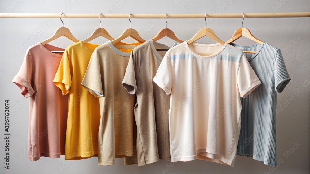 crisp blouses and trendy t-shirts on a modern hanger with ample copy space. crisp blouses and trendy t-shirts on a modern hanger with ample copy space.