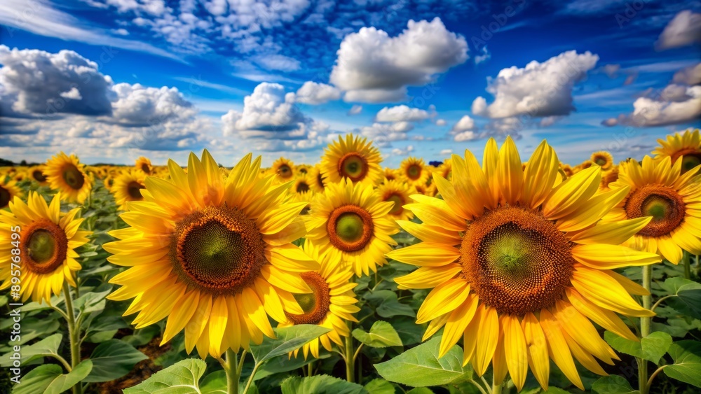 Vibrant yellow petals and dark centers of sunflowers uniformly aligned against a bright blue sky with scattered white clouds. Vibrant yellow petals and dark centers of sunflowers uniformly aligned against a bright blue sky with scattered white clouds.