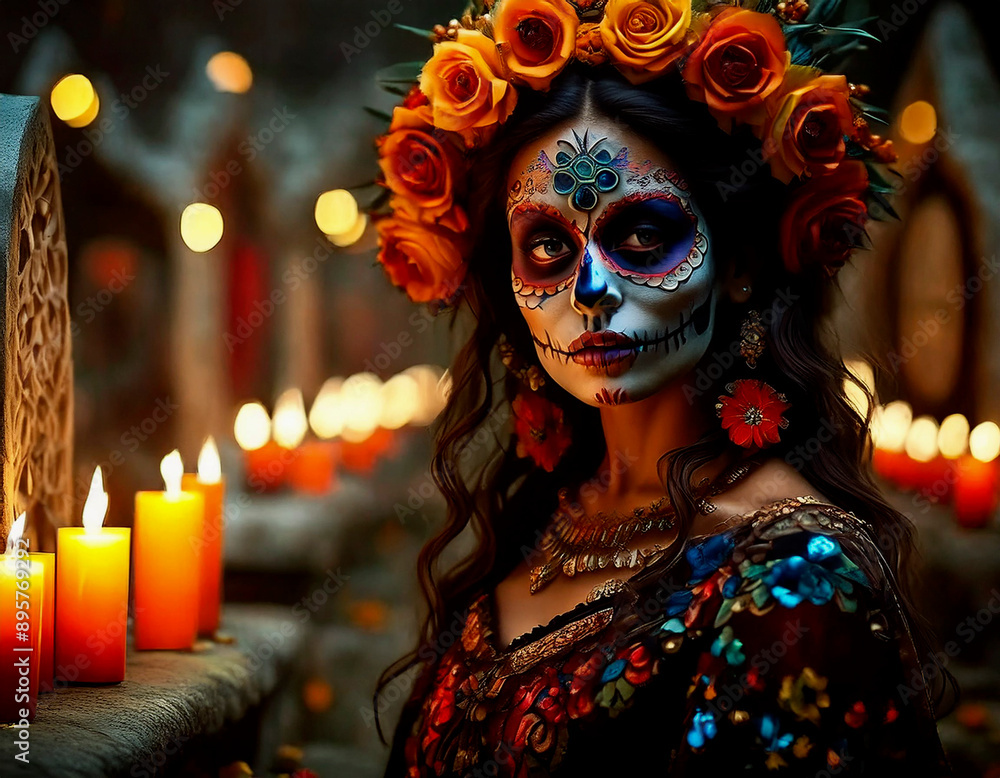 Catrina envuelta entre las luces de unas velas creando un ambiente de misterio Catrina envuelta entre las luces de unas velas creando un ambiente de misterio