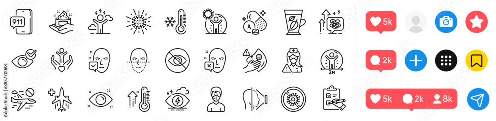 Fototapeta premium Not looking, Vitamin a and Stop coronavirus line icons pack. Social media icons. Health eye, Dirty mask, Difficult stress web icon. Medical flight, Coronavirus protection, Face id pictogram. Vector
