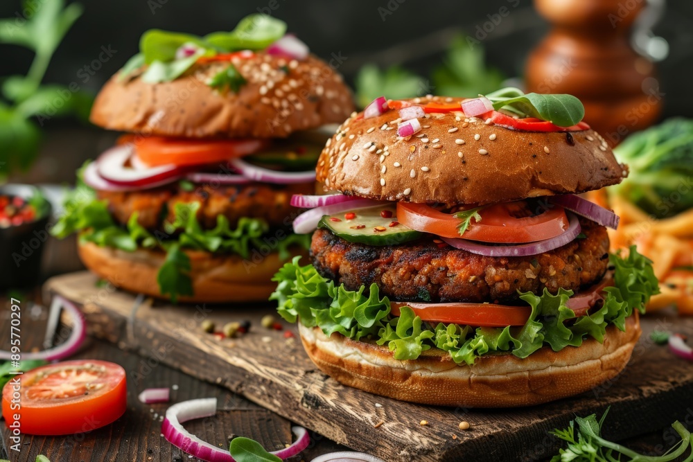Delicious gourmet veggie burgers made with fresh ingredients, including lettuce, tomato, red onion, and arugula, served on a sesame seed bun, perfect for a healthy and flavorful meal. Delicious gourmet veggie burgers made with fresh ingredients, including lettuce, tomato, red onion, and arugula, served on a sesame seed bun, perfect for a healthy and flavorful meal.