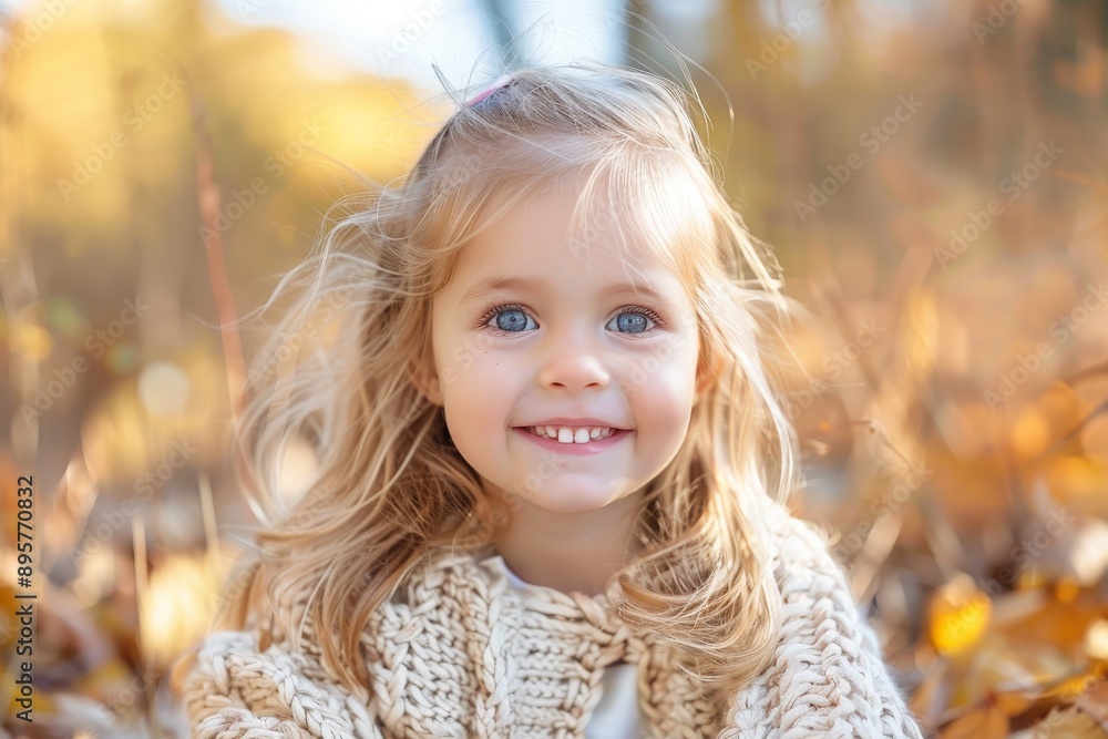 A young girl with bright blue eyes and blonde hair smiles joyfully while sitting outdoors amidst beautiful autumn leaves, wearing a cozy knit sweater. A young girl with bright blue eyes and blonde hair smiles joyfully while sitting outdoors amidst beautiful autumn leaves, wearing a cozy knit sweater.