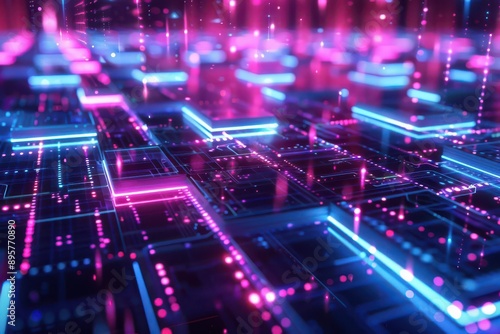 Futuristic digital landscape featuring vibrant neon lights and intricate patterns. Ideal for technology and innovation themes.