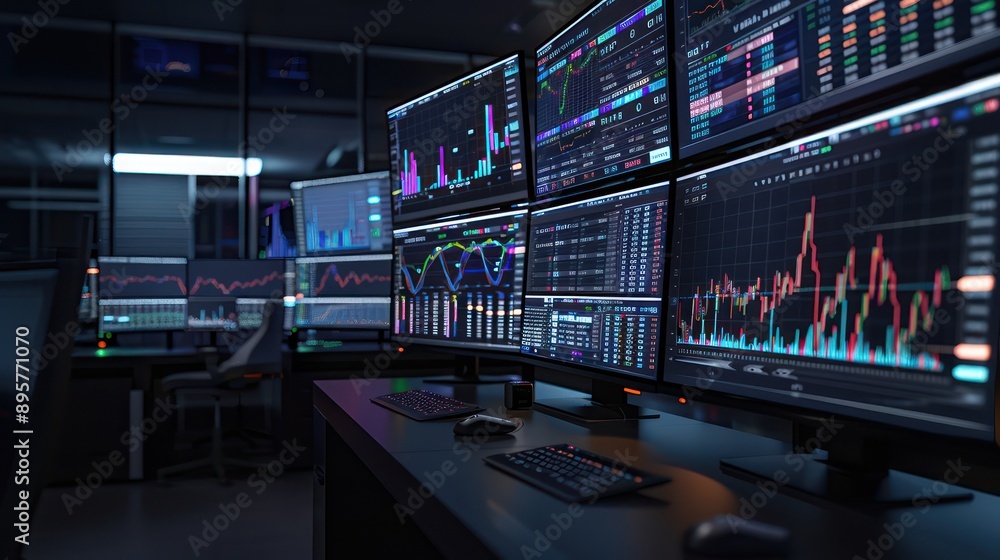 high-resolution, minimalist design of a capital markets monitoring station, with multiple screens showing live trading data high-resolution, minimalist design of a capital markets monitoring station, with multiple screens showing live trading data