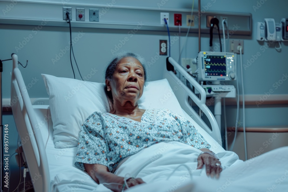 An elderly woman with a thoughtful expression rests on a hospital bed, surrounded by medical equipment, showing resilience and calm in a clinical environment. An elderly woman with a thoughtful expression rests on a hospital bed, surrounded by medical equipment, showing resilience and calm in a clinical environment.