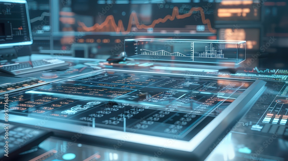 high-tech budget analysis setup with a transparent interactive table, where financial data floats above the surface, allowing for hands-on manipulation and review high-tech budget analysis setup with a transparent interactive table, where financial data floats above the surface, allowing for hands-on manipulation and review