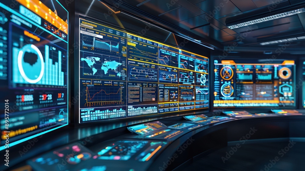 high-tech budget control room with a panoramic, interactive screen displaying global financial conditions and budget distributions in real-time high-tech budget control room with a panoramic, interactive screen displaying global financial conditions and budget distributions in real-time