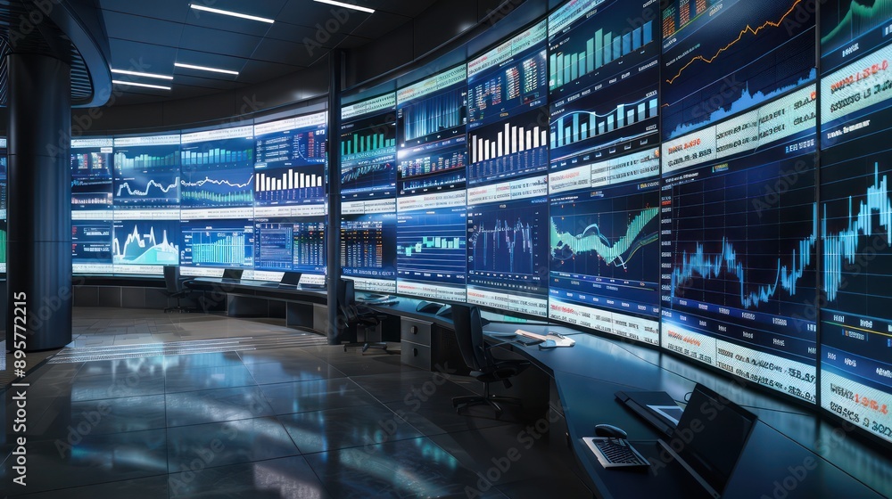 high-tech budget monitoring center, where analysts watch over financial flows on large, curved screens in a dark, modern environment high-tech budget monitoring center, where analysts watch over financial flows on large, curved screens in a dark, modern environment