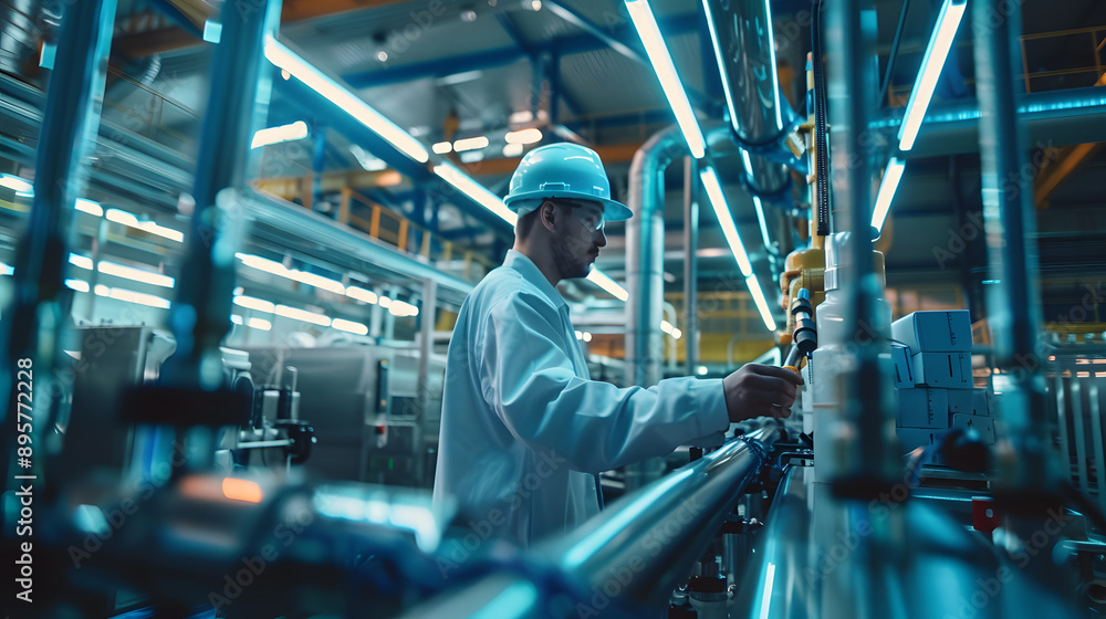 Fototapeta premium Close-up, manufacturing plant Workers producing sustainable materials Machinery in operation Indoor setting, industrial lighting