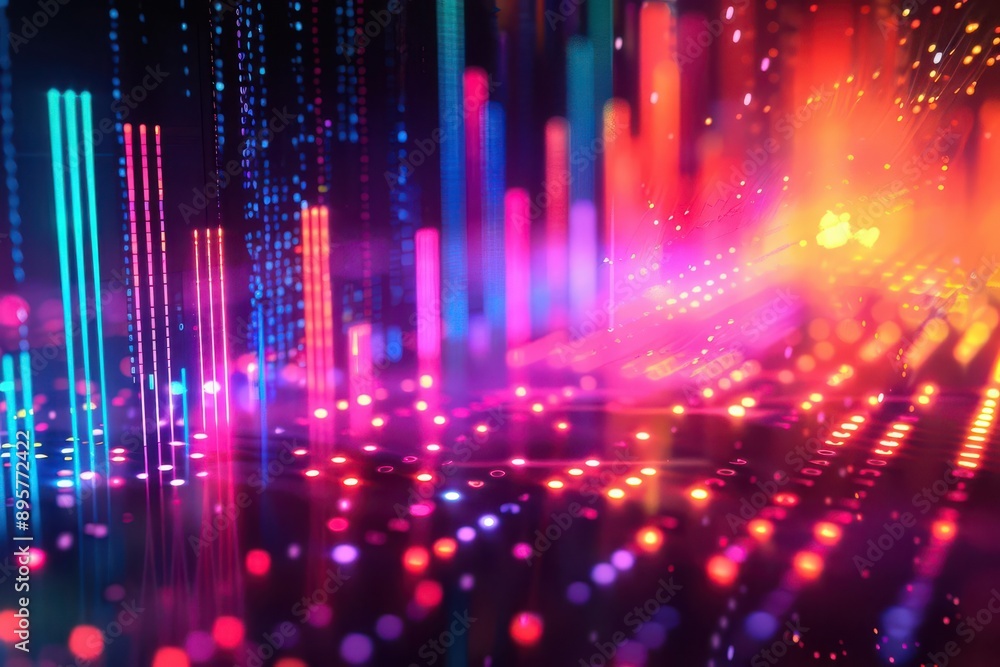 Vibrant abstract background featuring colorful light waves and patterns, ideal for technology and music themes. Vibrant abstract background featuring colorful light waves and patterns, ideal for technology and music themes.