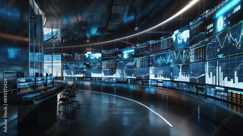 Fototapeta premium high-tech budget monitoring center, where analysts watch over financial flows on large, curved screens in a dark, modern environment