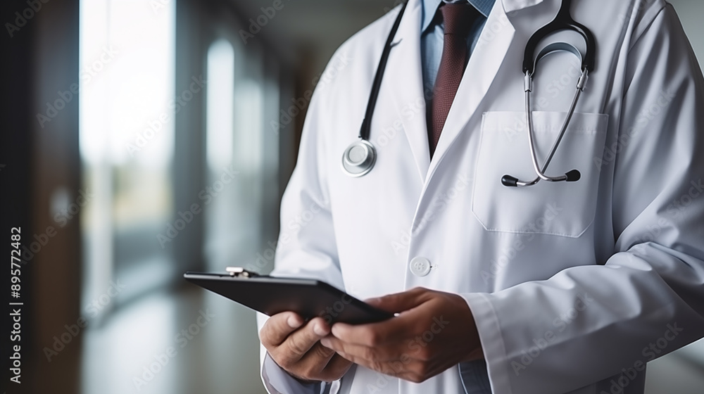 doctor with a tablet. typing or research with online results doctor with a tablet. typing or research with online results