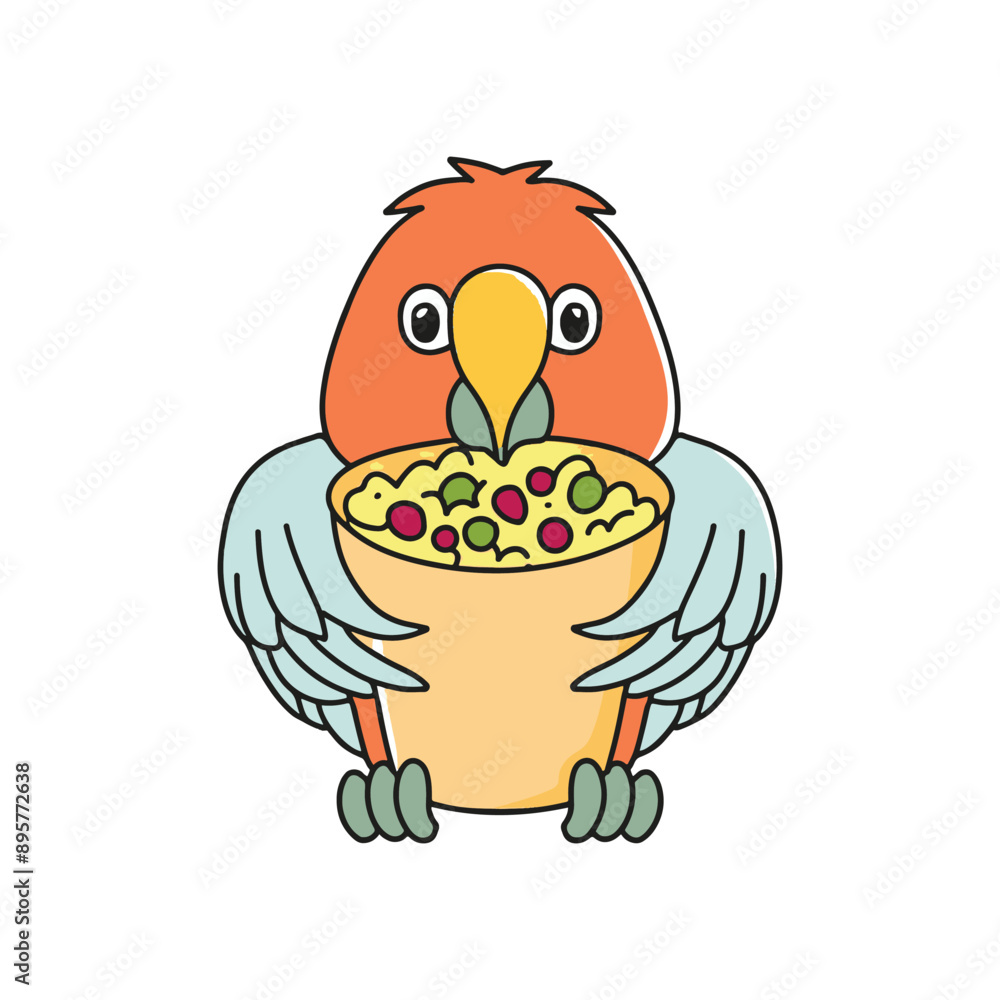 Simple illustration of cute parrot eating a burrito with rice and beans Simple illustration of cute parrot eating a burrito with rice and beans