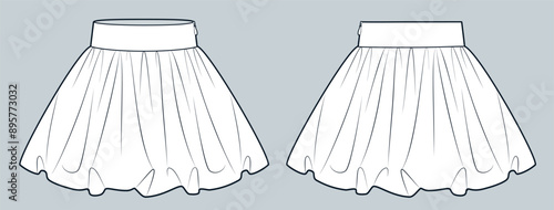 Ballon Skirt technical fashion illustration. Mini Skirt fashion flat technical drawing template, side zipper, front and back view, white, women CAD mockup.