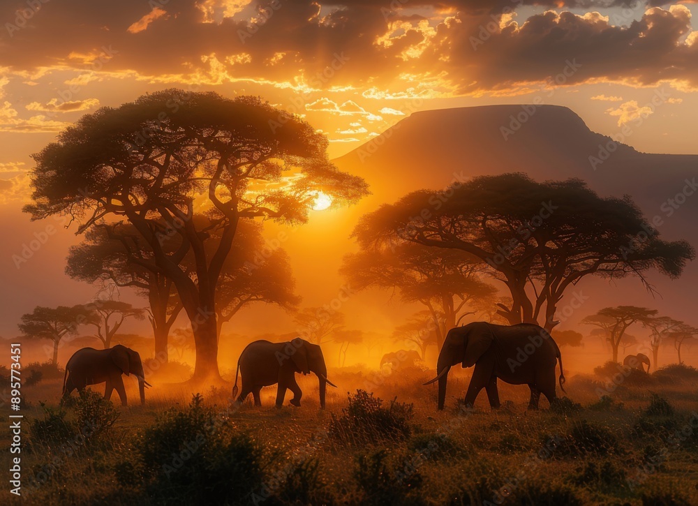 Fototapeta premium African Sunset Elephants