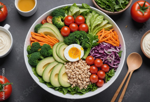  Colorful salad bowl with a variety of fresh vegetables and a protein source. 