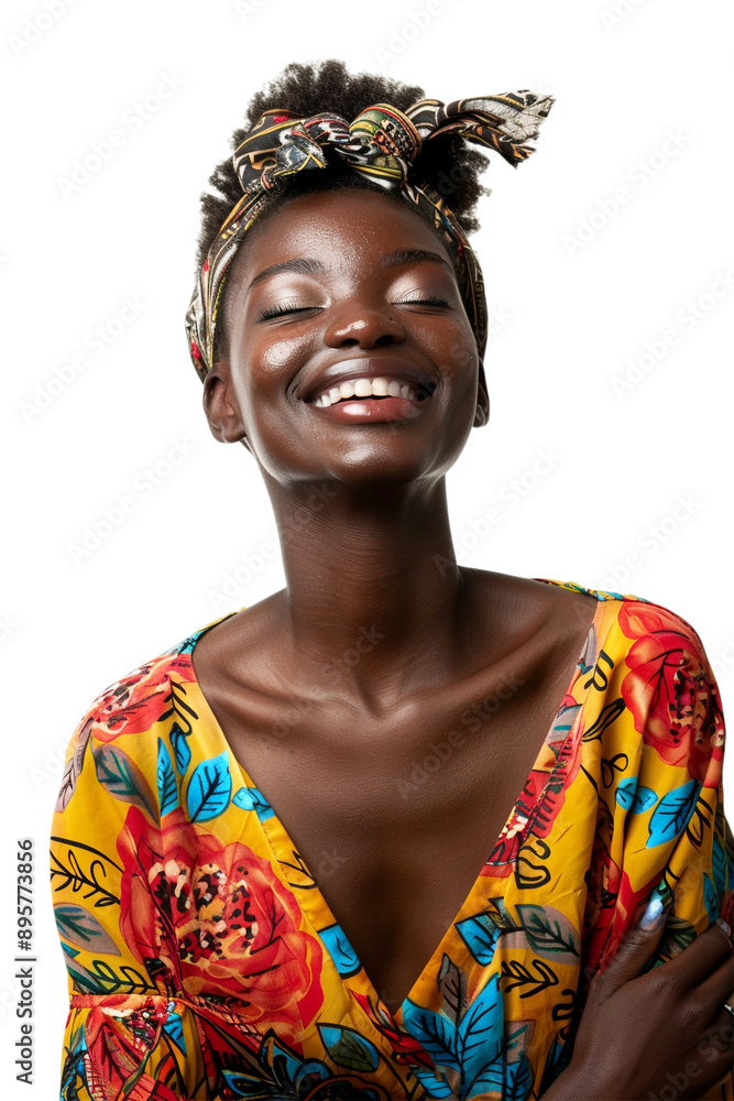 Fototapeta premium Happy female African model alone against transparent background